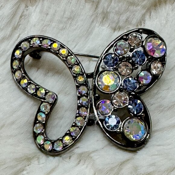 Butterfly Brooch Pin Aurora Borealis Crystals and Hematite by Lia Sophia Retired - Picture 1 of 4